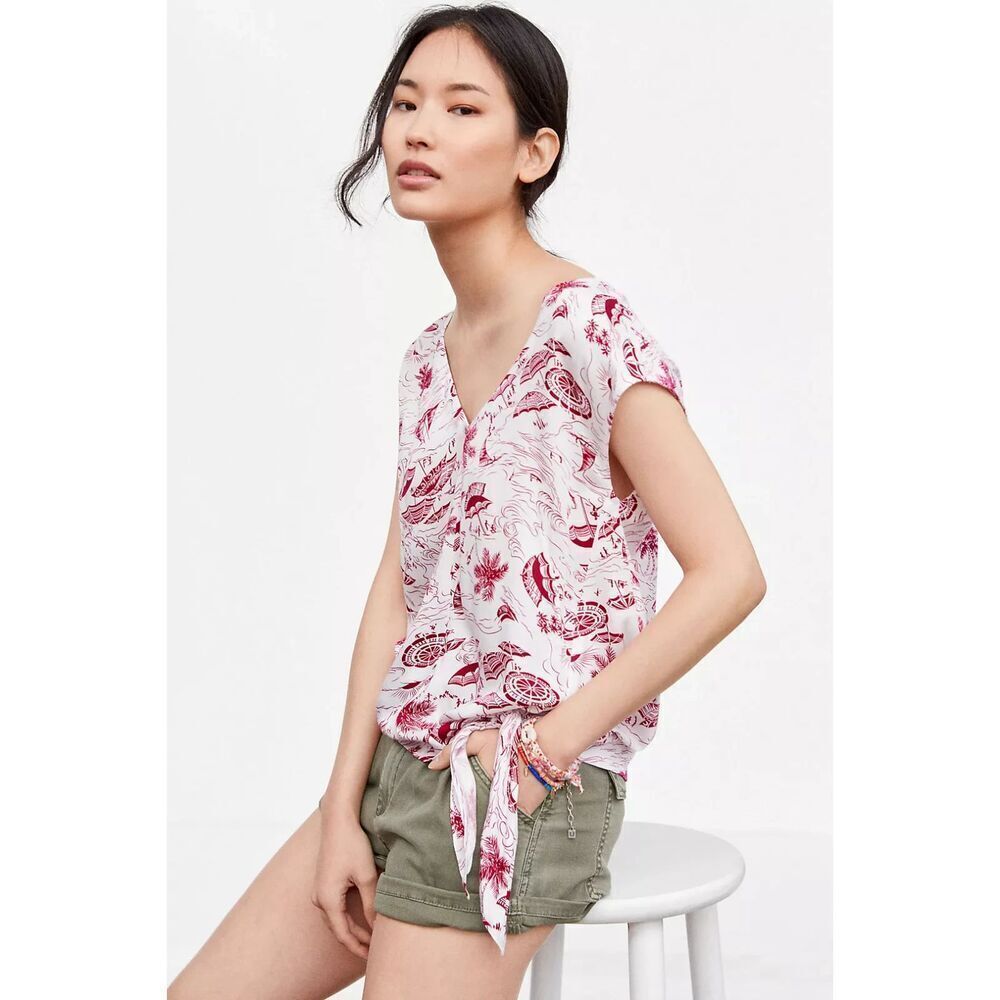 ANTHROPOLOGIE Tiny White Red Seaside Tie Front V-Neck Summer Blouse Shirt Small